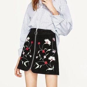 Zara Genuine Suede Embroidered Zip Up Mini Skirt